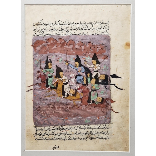 445 - Three Indian miniature paintings, gouache on paper, two depicting a battle scene and another with a ... 