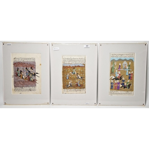 445 - Three Indian miniature paintings, gouache on paper, two depicting a battle scene and another with a ... 