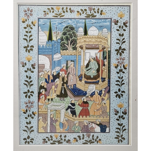 446 - Four Indian miniature paintings, gouache and gilding on paper, depicting lovers, court discussions a... 