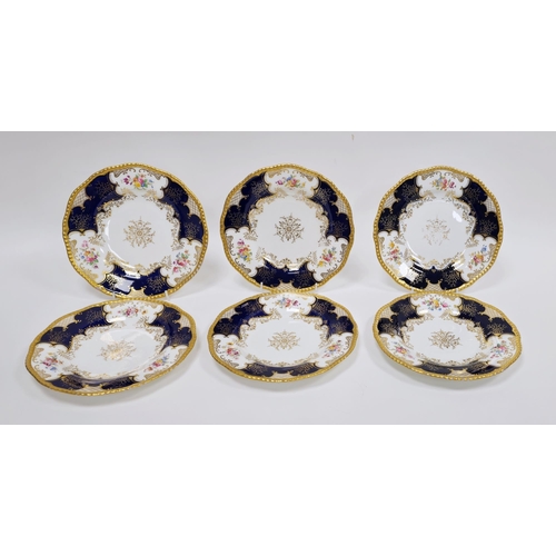 6 - Six Coalport blue ground cabinet plates, circa 1900, printed green marks, each printed and painted w... 