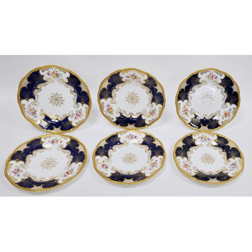 6 - Six Coalport blue ground cabinet plates, circa 1900, printed green marks, each printed and painted w... 