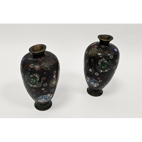 66 - Pair of Japanese Meiji period (1868-1912) cloisonne enamel oviform vases, each decorated with mons, ... 