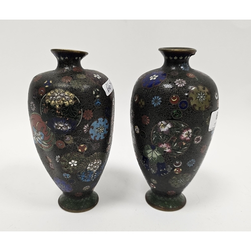 66 - Pair of Japanese Meiji period (1868-1912) cloisonne enamel oviform vases, each decorated with mons, ... 