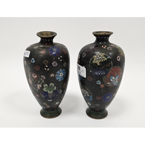 66 - Pair of Japanese Meiji period (1868-1912) cloisonne enamel oviform vases, each decorated with mons, ... 