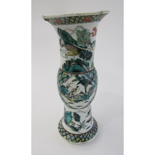 71 - A Chinese famille verte gu-shaped vase and a pair of Japanese porcelain vases, the first probably 19... 