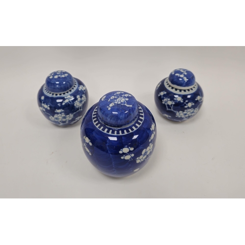 74 - Assembled garniture of three Chinese porcelain blue and white ginger jars and covers, 19th century, ... 