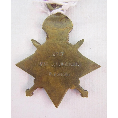 103 - WWI 1915 Star, war medal and victory medal, named to '2387.Pte.J.B.Walker.R.War.R'