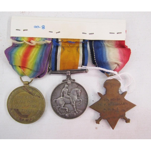 111 - WWI 1915 star, war medal and victory medal, named to 'CH.40.5.Pte.F.R.Smalley.R.M.L.I'