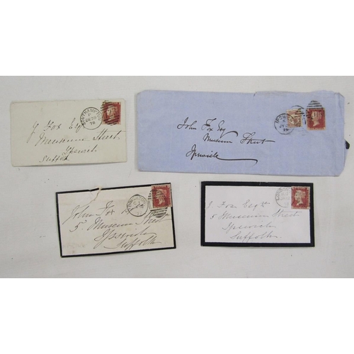 3 - GB stamps: Red folder of 12 QV/KEVII covers plus 1823 Estate sale notice and 1685 will of a Thomas H... 