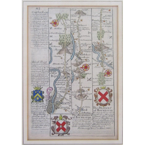 315 - STRIP MAPS - Hand coloured engraved road map from London Wellen, Crayford to Gads Hill and Raynham t... 