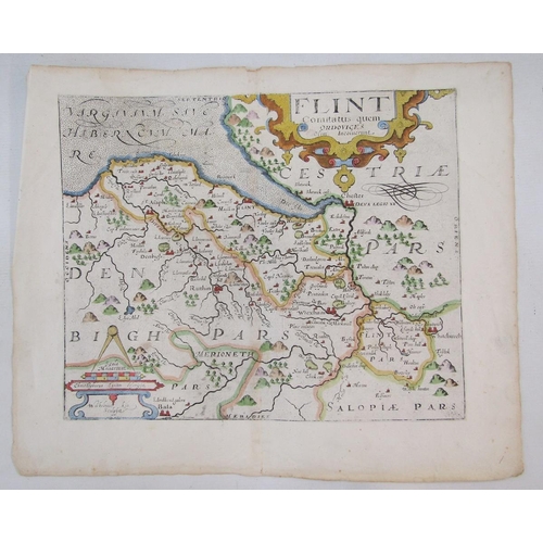 321 - Christopher Saxton (1540- 1610) & William Kip (1588-1635), a hand coloured engraved map of Flint, Co... 