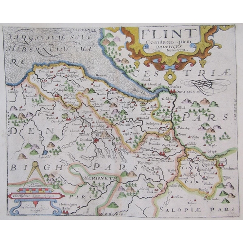 321 - Christopher Saxton (1540- 1610) & William Kip (1588-1635), a hand coloured engraved map of Flint, Co... 