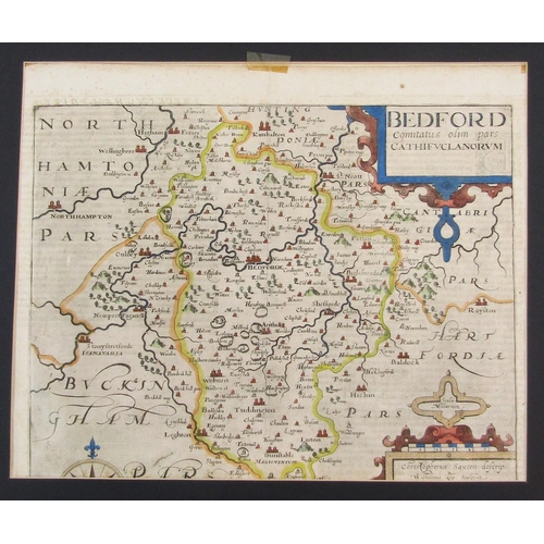 322 - Christopher Saxton (1540- 1610) & William Kip (1588-1635), a hand coloured engraved map of Bedford, ... 