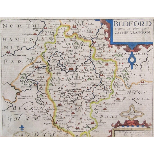 322 - Christopher Saxton (1540- 1610) & William Kip (1588-1635), a hand coloured engraved map of Bedford, ... 