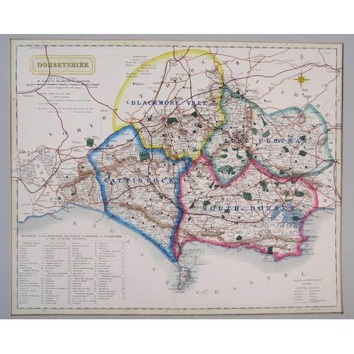 328 - Coloured map of Dorsetshire by J. & C. Walker, listing polling places and places of foxhound meets, ... 