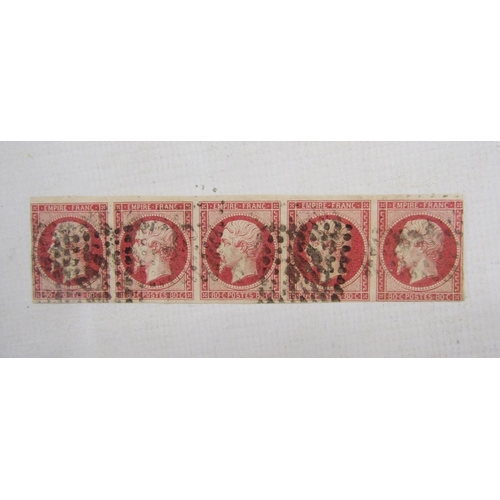 40 - Stamps of France: Used strip of five 80c deep rose red Napoleon III, 2nd Empire, 1853-61 imperforate... 