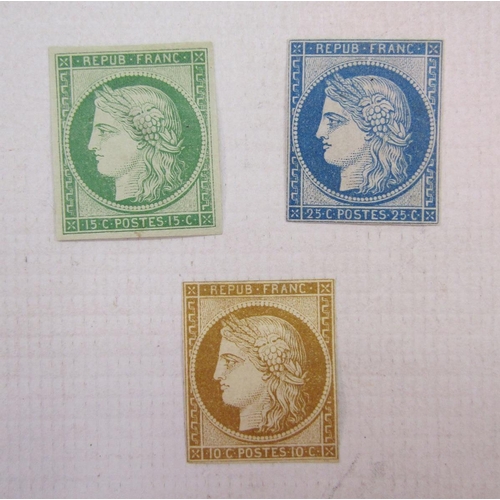 43 - Stamps of France: Three mint 1862 Ceres head reprints - 10c bistre (SG29), 15c green (SG30) and 25c ... 