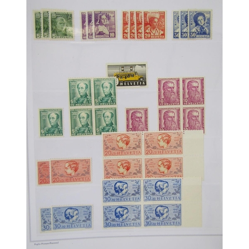 49 - Switzerland stamps: three stock-books, empty album and loose in bag with accumulation of mint and us... 