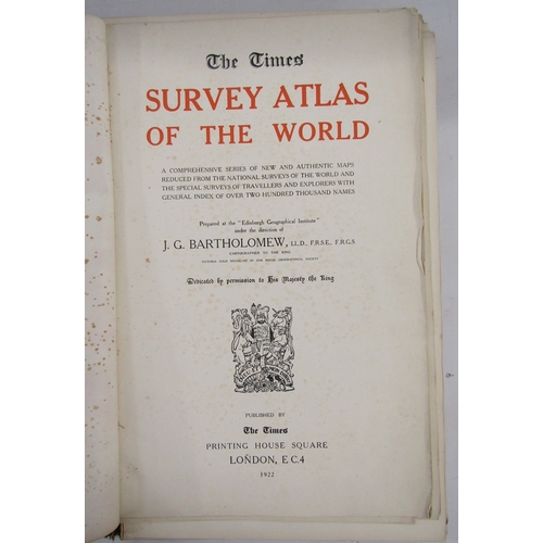 323 - The Times Survey Atlas of the World, JG Bartholomew, 1922, two volumes (poor condition). Quantity lo... 