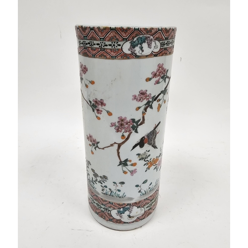 105 - Asian porcelain cylindrical brush pot/stand, late 19th/early 20th century, painted with birds perche... 