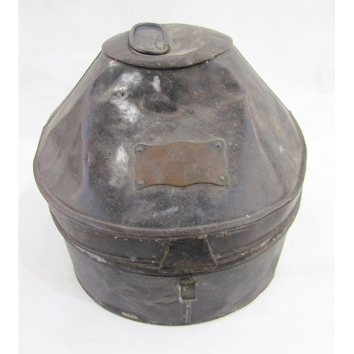 107B - 19th century military black painted metal hat box, bearing brass plaque named for Major H.D. Rowan R... 