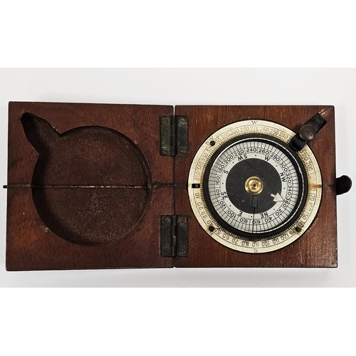 109G - WWI Military issue hand held compass in mahogany case by F. Barker & Son (London), stamped 1918, num... 