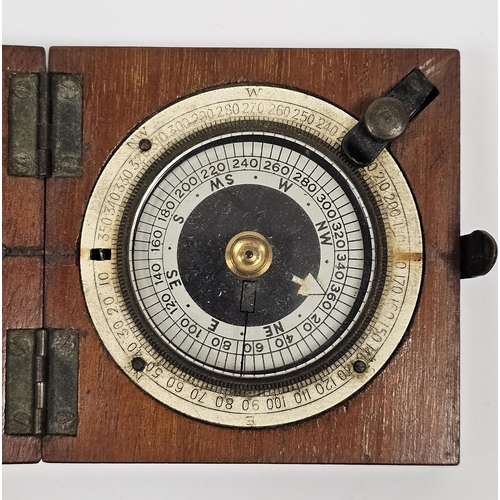 109G - WWI Military issue hand held compass in mahogany case by F. Barker & Son (London), stamped 1918, num... 