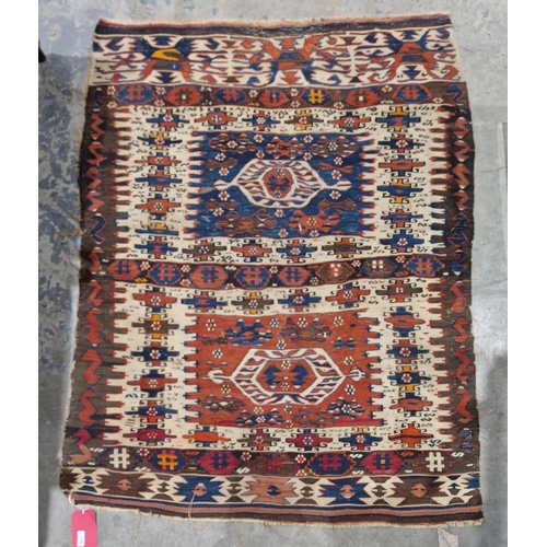 1199 - 19th century Turkish cream ground kilim with two central geometric medallions enclosed by hooked loz... 