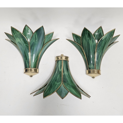 129 - Set of three modern green glass and brass mounted wall lights of stylised Art Deco leaf design (3)