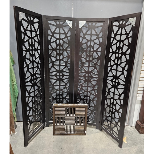 155 - Contemporary four-panelled laser cut wooden Chinese style screen, ebonised, 155.5cm high and a stain... 