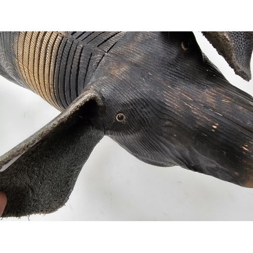 160 - Articulated wooden model of a pig, probably by Jeff Soan, with brown leather ears and rope tail, mod... 