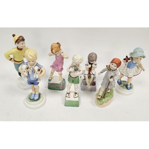 17 - Seven Royal Worcester bone china models of children from the Days of the Week series, all on shaped ... 