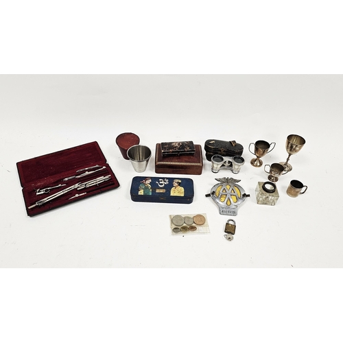 178 - Pair of mother-of-pearl opera glasses in leather case, a drawing set, an AA badge, assorted silver p... 