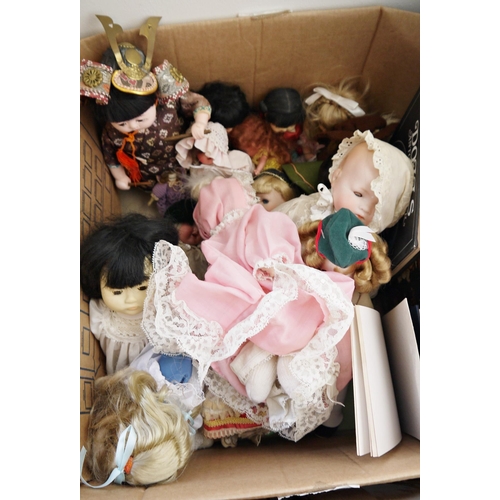 212 - Large quantity of various composition, vinyl, bisque and other dolls including costume dolls (2 boxe... 