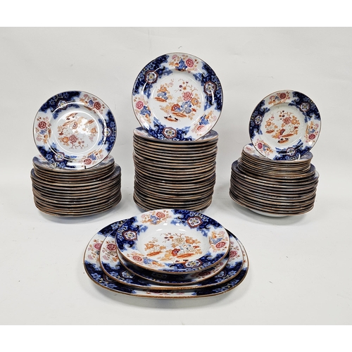 22 - English ironstone Imari pattern part dinner service, late 19th century, printed blue lion and unicor... 