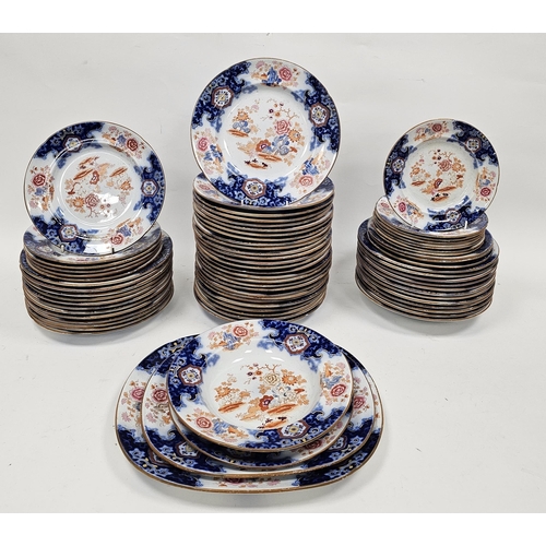 22 - English ironstone Imari pattern part dinner service, late 19th century, printed blue lion and unicor... 