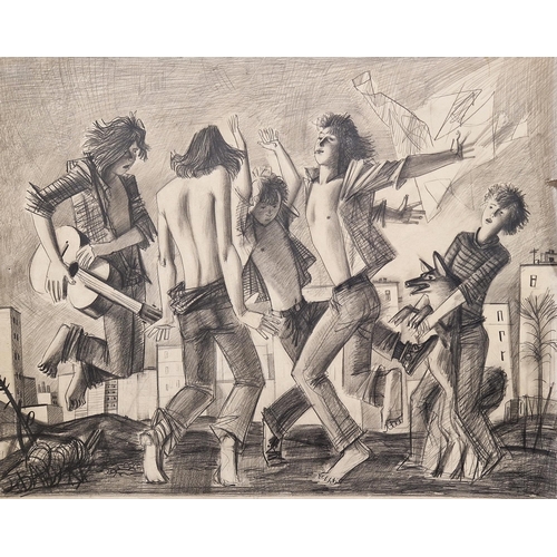 353 - Russian school
 Pencil on paper
 Scene depicting teenagers dancing in street, signed and dated 1983,... 