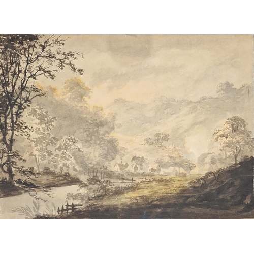 358 - 18th/19th century school
 Watercolour
 Rural scene with river and dwellings, inscribed 