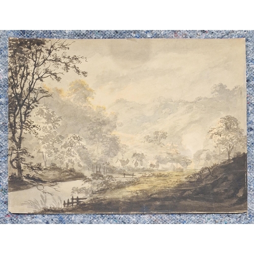 358 - 18th/19th century school
 Watercolour
 Rural scene with river and dwellings, inscribed 