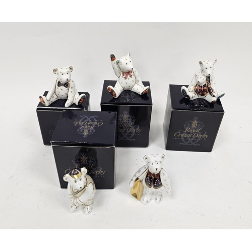 47 - Five Royal Crown Derby bone china models of teddy bears, including a cricketer, four boxed (5)