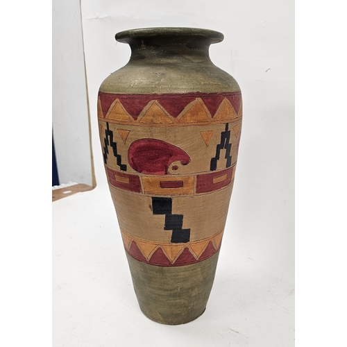 59 - Contemporary large painted terracotta vase, tapering oviform, incised with bands of geometric motifs... 