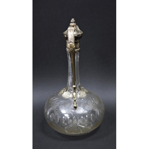 71 - Victorian silver-plated engraved glass claret jug, with reeded foliate cast scroll handle, engraved ... 