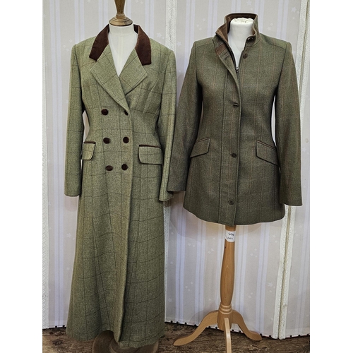 382 - Cousins of Cheltenham tweed maxi coat, brown velvet trim to the collar, brown velvet buttons, double... 