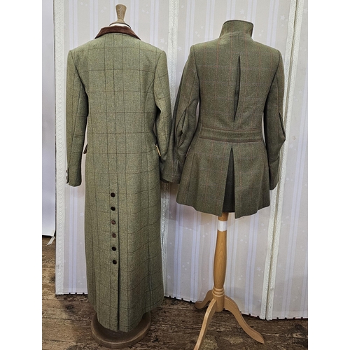 382 - Cousins of Cheltenham tweed maxi coat, brown velvet trim to the collar, brown velvet buttons, double... 