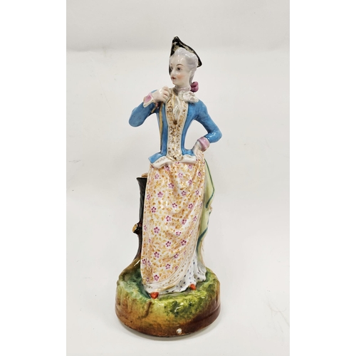 1 - Late 19th century French porcelain figure of a lady forming a lamp base, modelled standing, wearing ... 