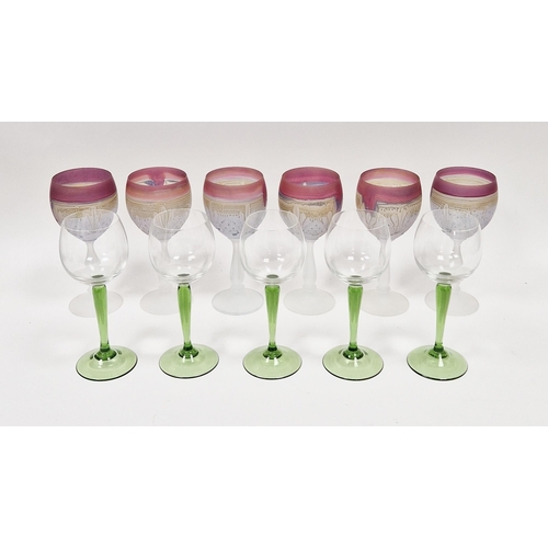 103 - A set of six frosted glass hock glasses, moulded decoration and red rims, possibly by Rueven, 18cm h... 