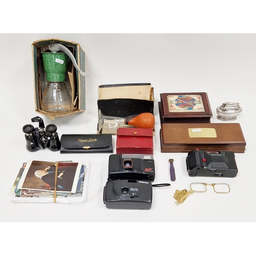 128 - Vintage cream maker labelled Bell, Made in England, in original box, assorted cameras, a Ronson tabl... 