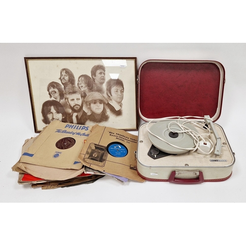 130 - Portable record player marked 'Fidelity', with inner red and cream carry case, a framed print of The... 