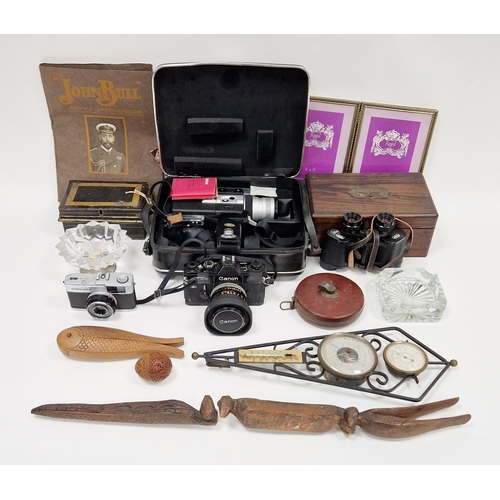 145 - Very distressed Canon camera, a vintage leather tape measure, a pair of Zeiss binoculars in carry ca... 