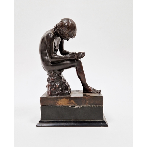 150 - Bronze figure of a seated young nude male , looking at the sole of his left foot, blindstamp foundry... 